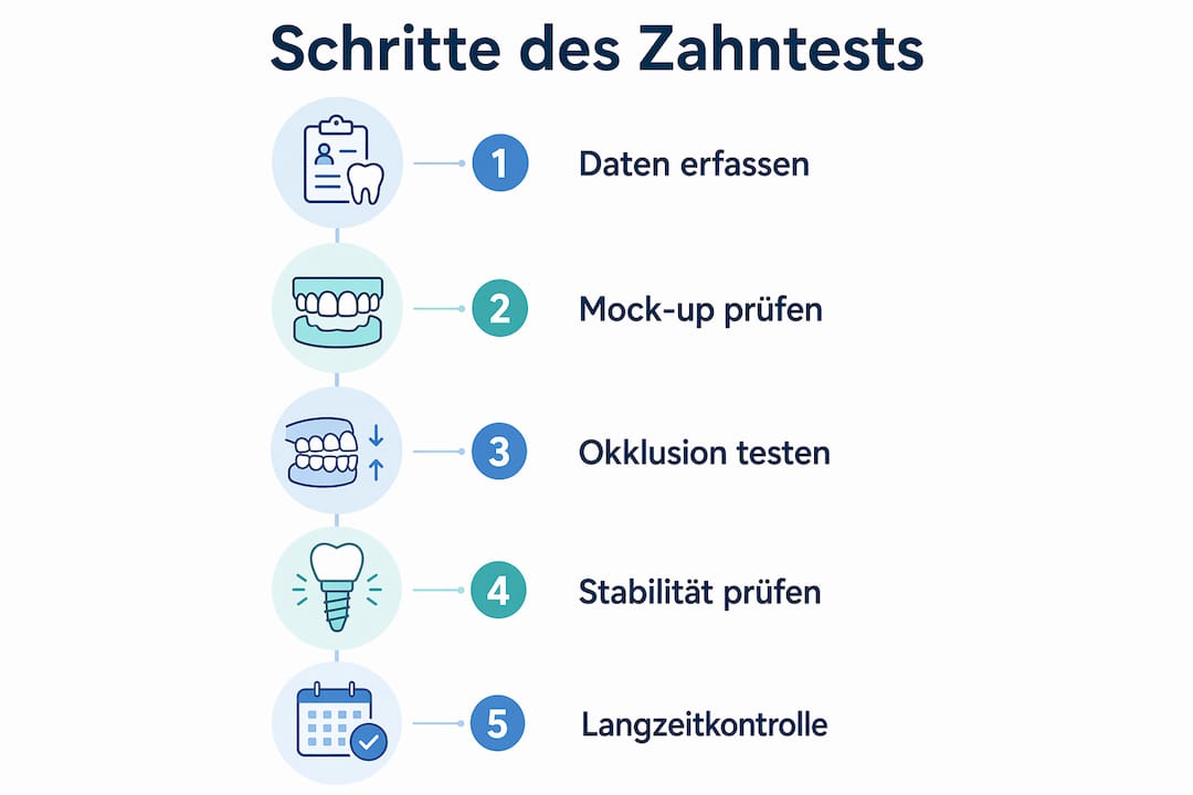 Übersichtliche Infografik: So läuft die Erprobung neuer Zähne Schritt für Schritt ab