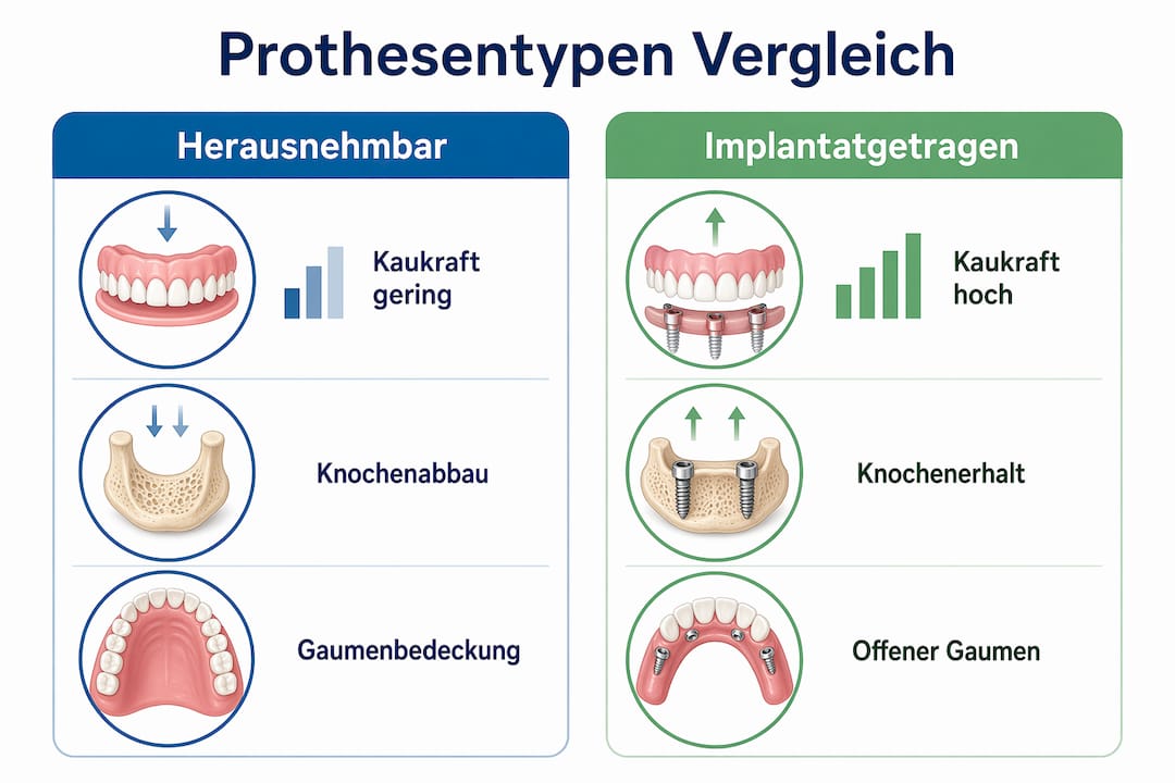 Infografik: Gegenüberstellung von herausnehmbaren und implantatgestützten Zahnersatzlösungen