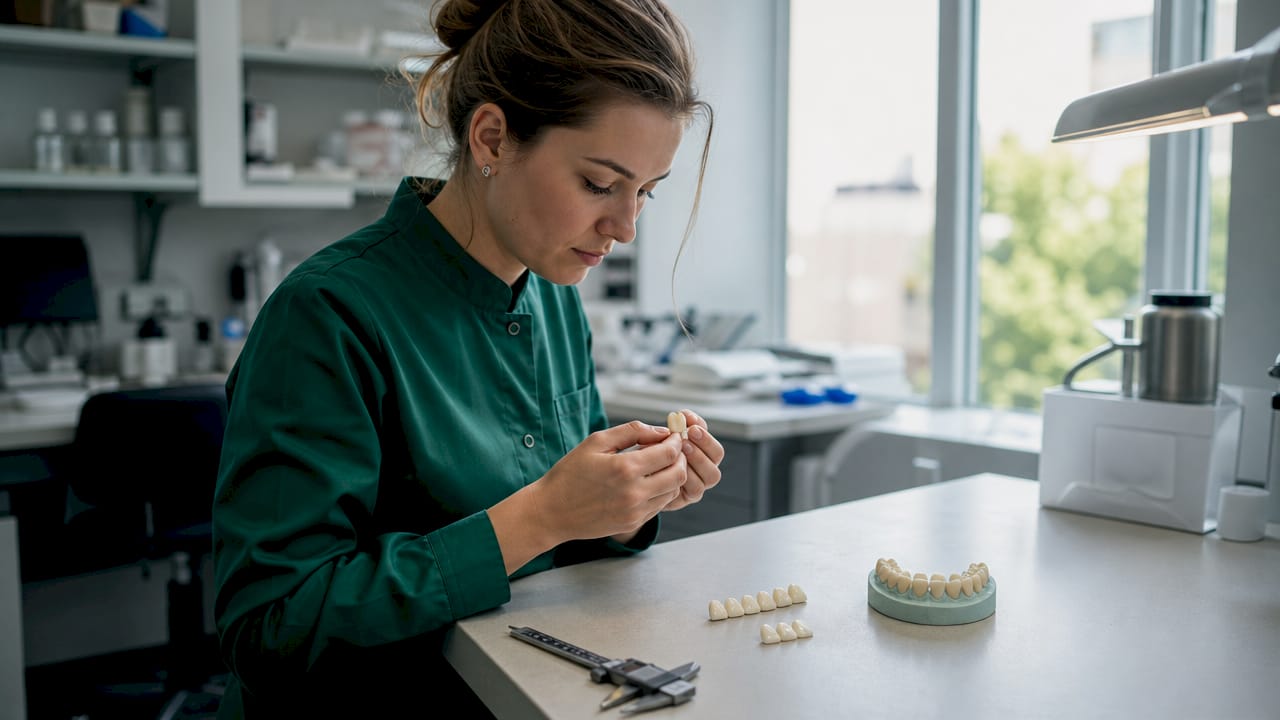 Ein Zahntechniker arbeitet im Labor mit verschiedenen Materialien zur Herstellung von Zahnersatz.