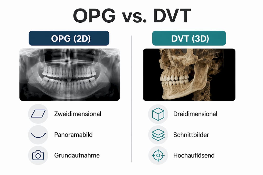 Eine übersichtliche Infografik zeigt die wichtigsten Unterschiede zwischen OPG und DVT in der Implantologie auf.