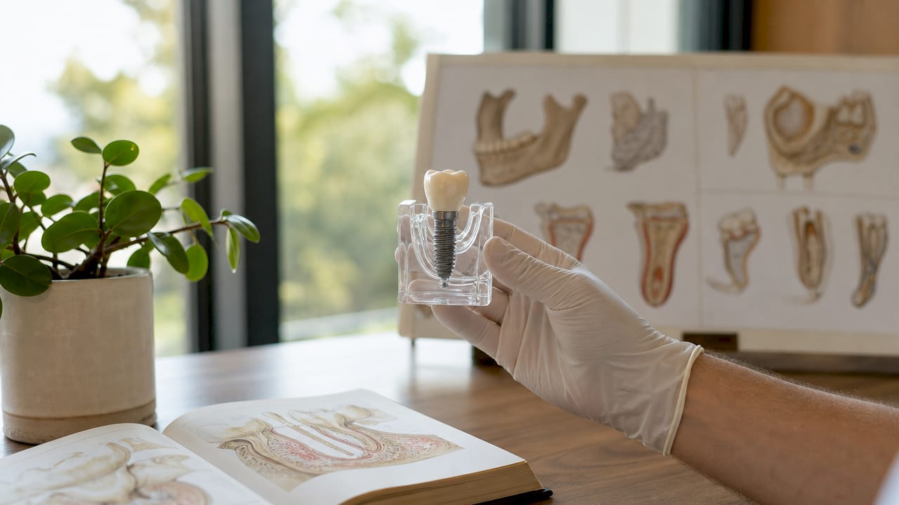 Im Labor wird ein Zahnimplantat als 3D-Modell in der Hand gehalten.