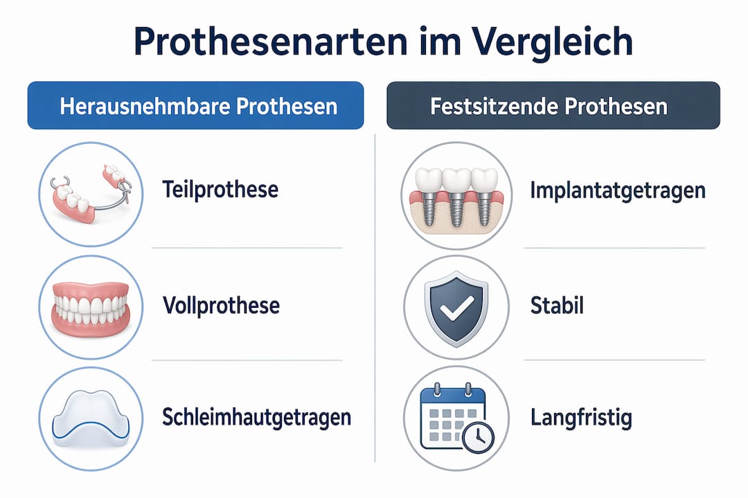 Übersichtsgrafik: Verschiedene Zahnersatz-Optionen im direkten Vergleich