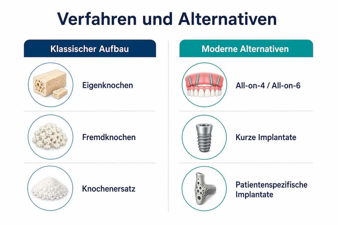 Diese Infografik gibt einen Überblick über gängige Methoden und mögliche Alternativen zum Knochenaufbau.