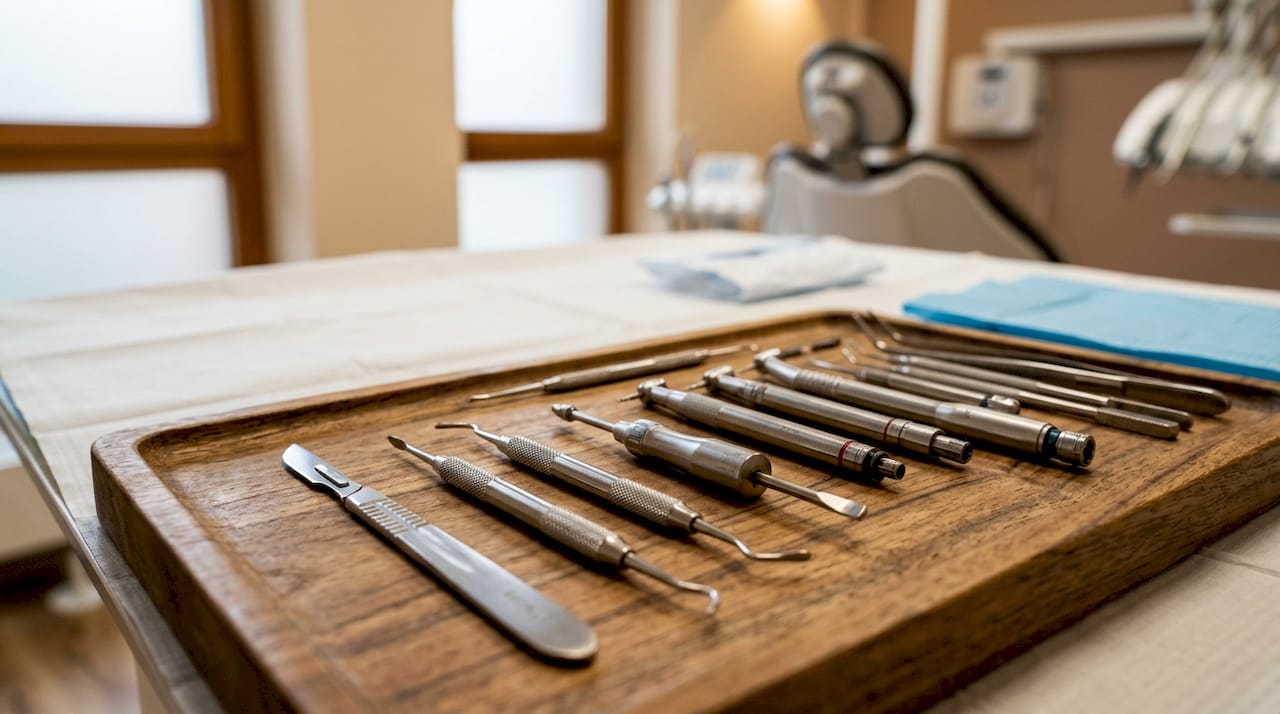 Detailaufnahme: Implantatchirurgische Instrumente ordentlich auf einem Tablett arrangiert