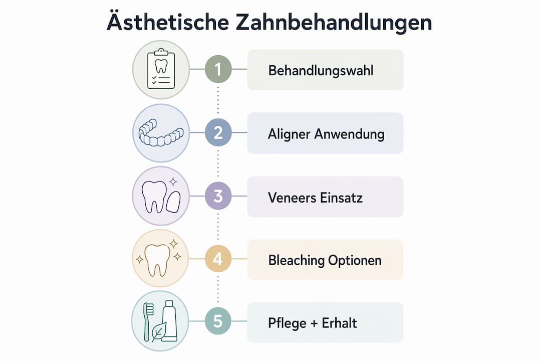 Die Infografik veranschaulicht die einzelnen Schritte einer ästhetischen Zahnbehandlung.