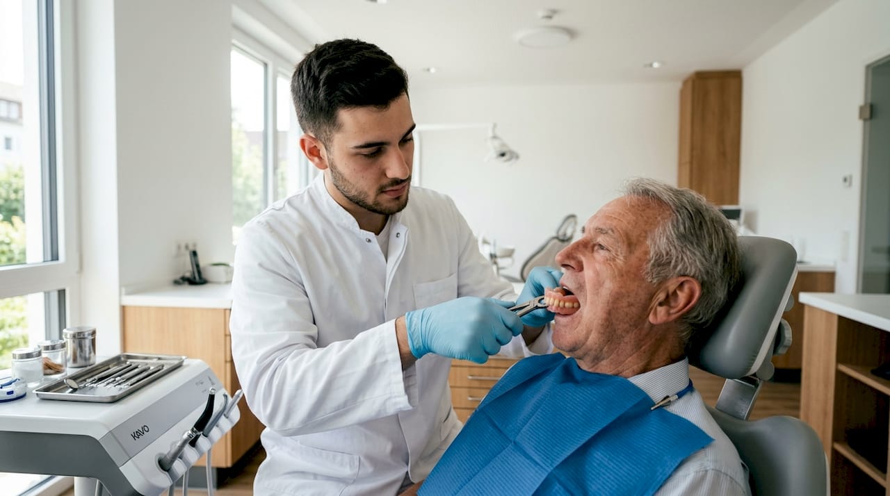 Ein Spezialist für Zahnersatz passt eine schleimhautgetragene Prothese direkt im Mund des Patienten an.