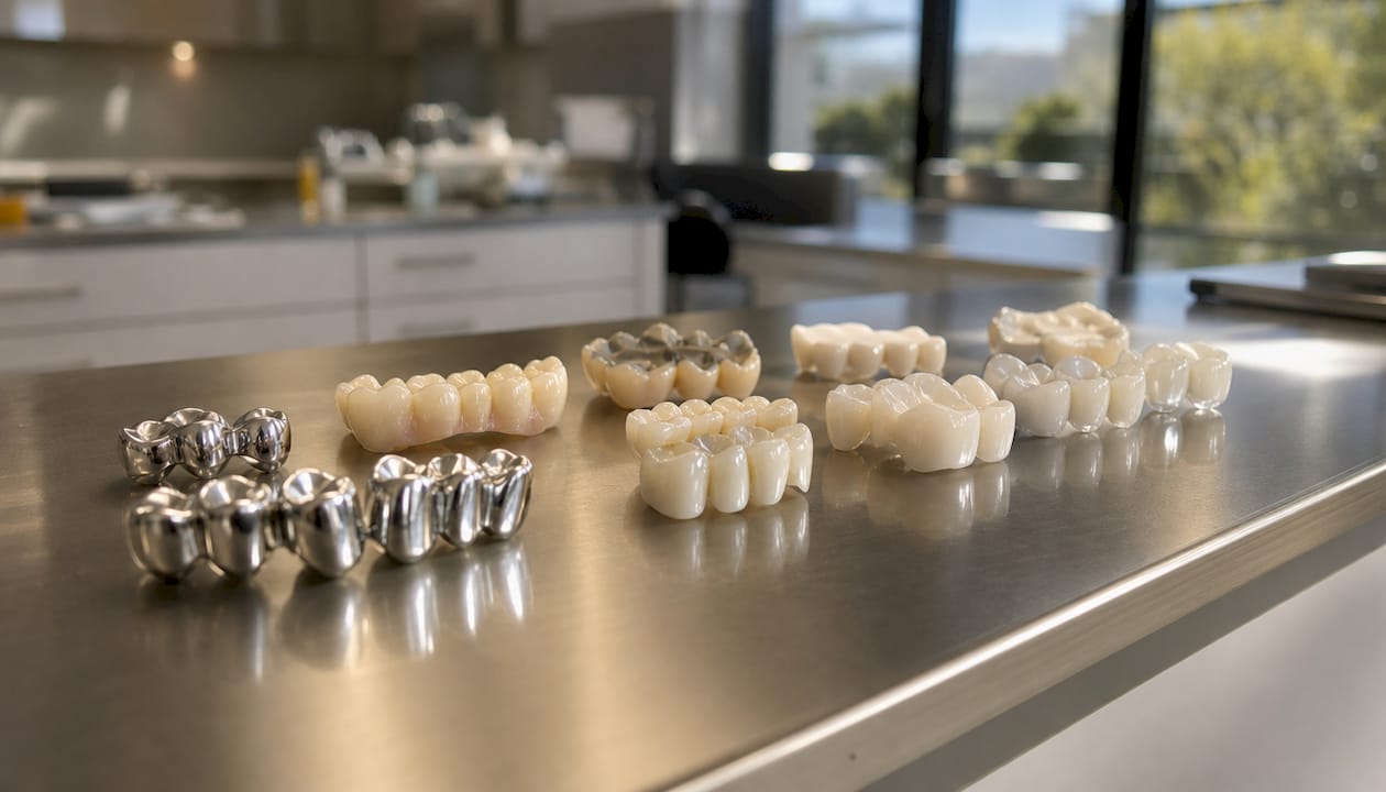 Verschiedene Materialien für Zahnkronen auf dem Behandlungstisch bereitgelegt