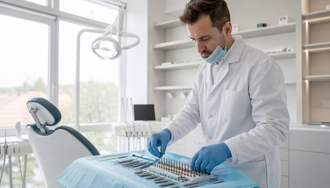 Ein Zahnarzt bereitet in einer slowenischen Praxis die Instrumente für eine Implantatbehandlung vor.