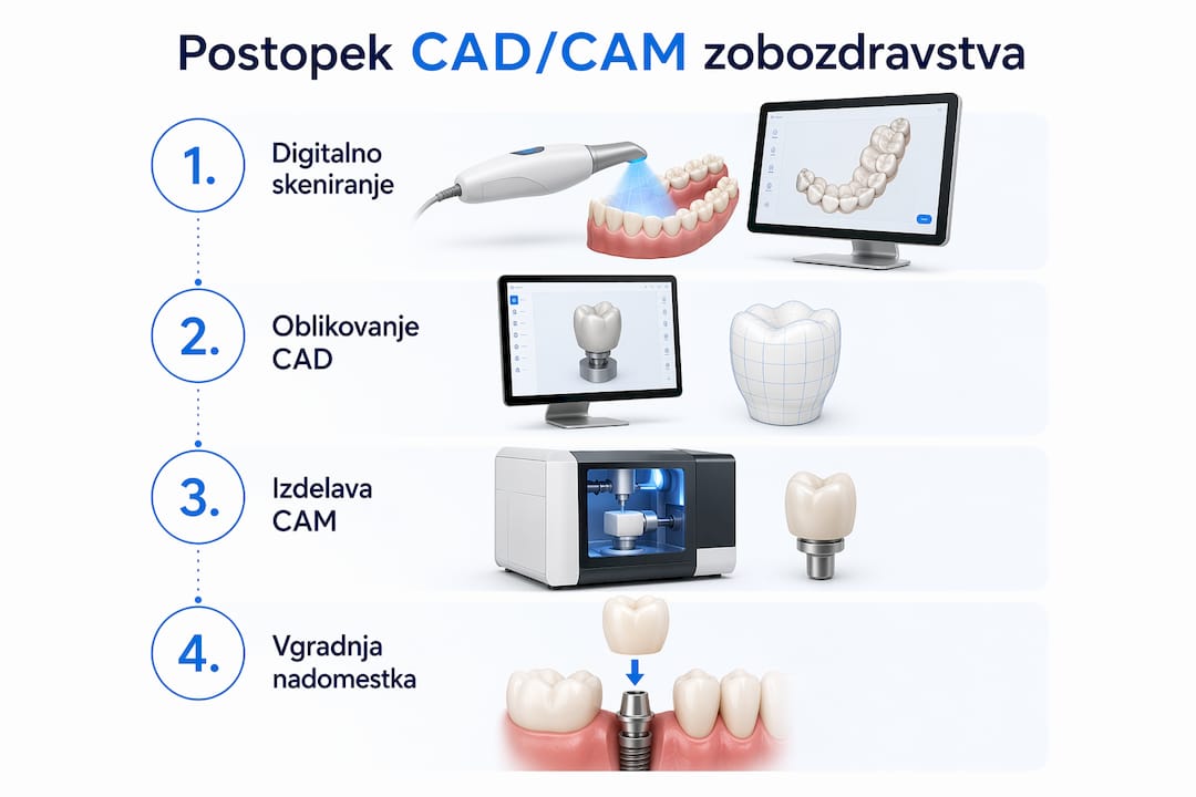Na tej infografiki je nazorno prikazan potek dela v sodobnem zobozdravstvu s pomočjo tehnologije CAD/CAM.
