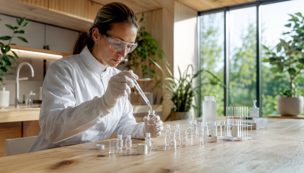 Znanstvenik v laboratoriju izvaja teste za ugotavljanje biokompatibilnosti materialov.