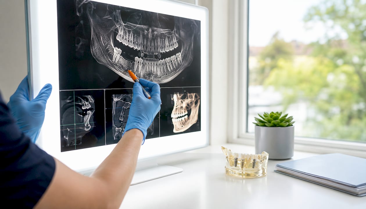 Zobozdravnik s prstom kaže na CBCT posnetek med posvetom s pacientom.