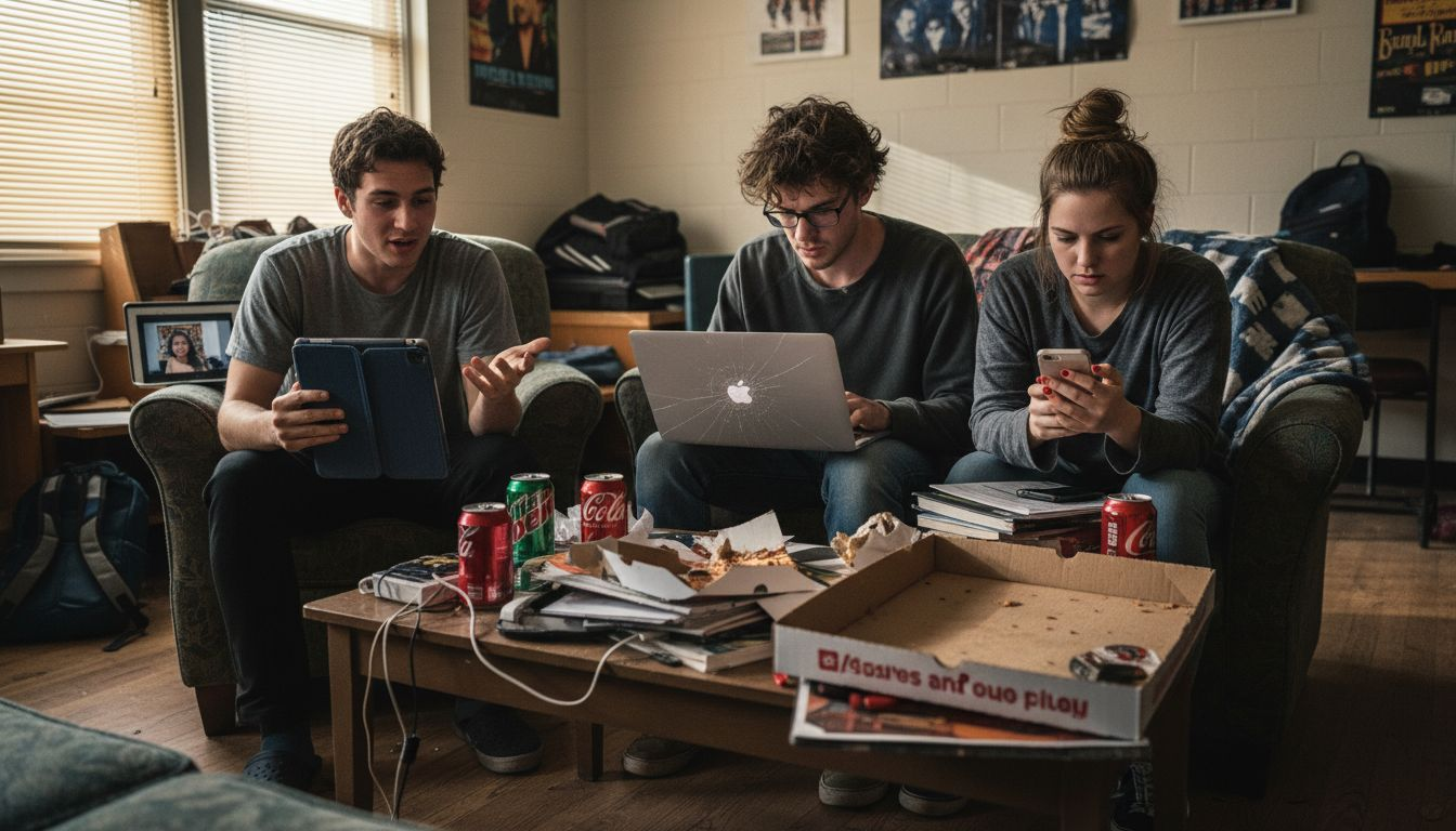 Students discussing online discourse with devices