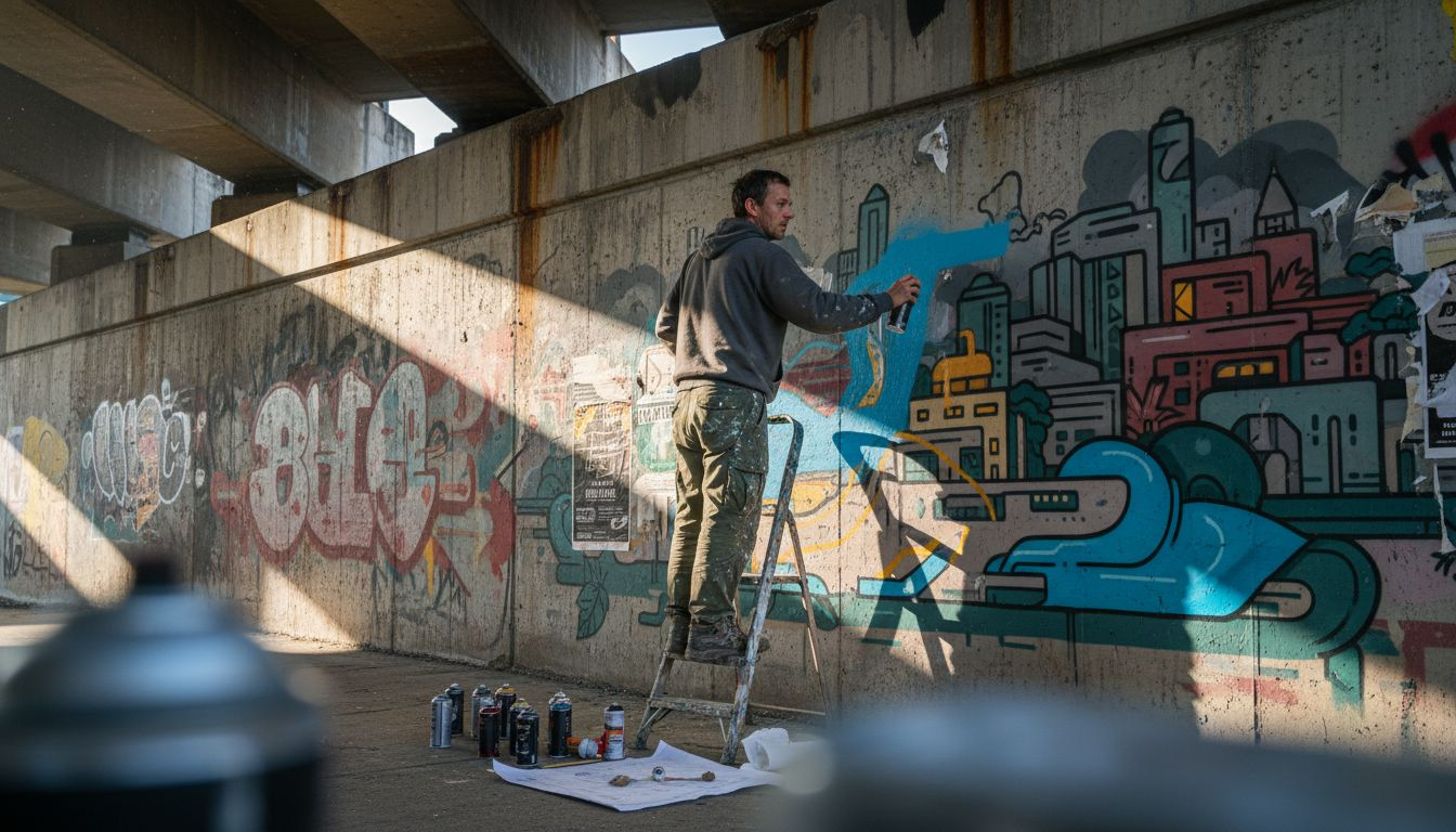 Artist painting social issue mural outdoors