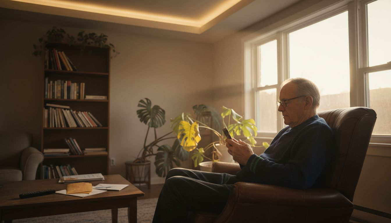 Living room with dimming smart lights at sunset