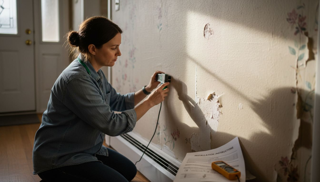 Woman checking wall for lighting installation