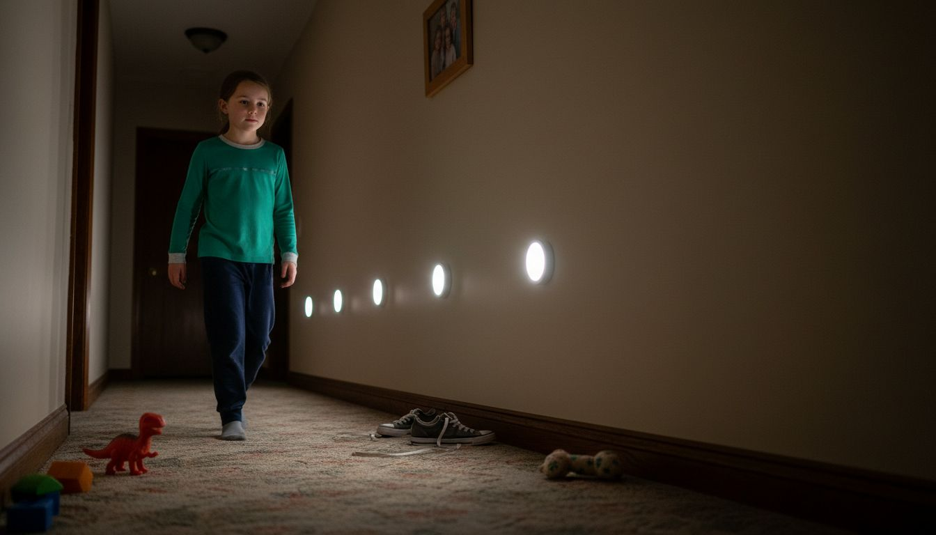 Child walking in hallway with motion sensor lights at night