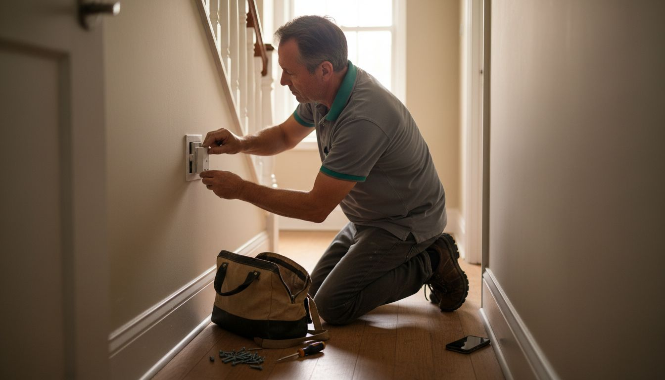 Electrician installing wireless switch in hallway