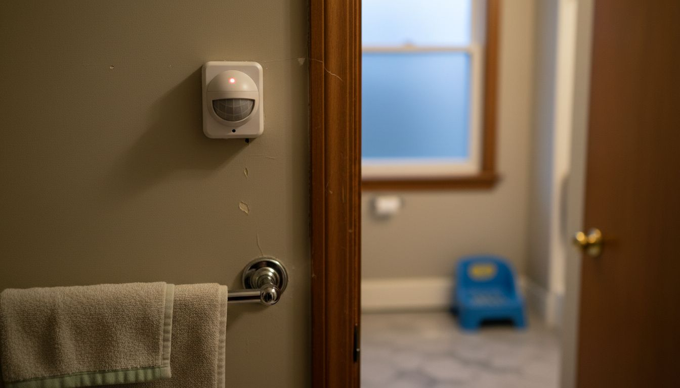 PIR motion sensor above bathroom entrance