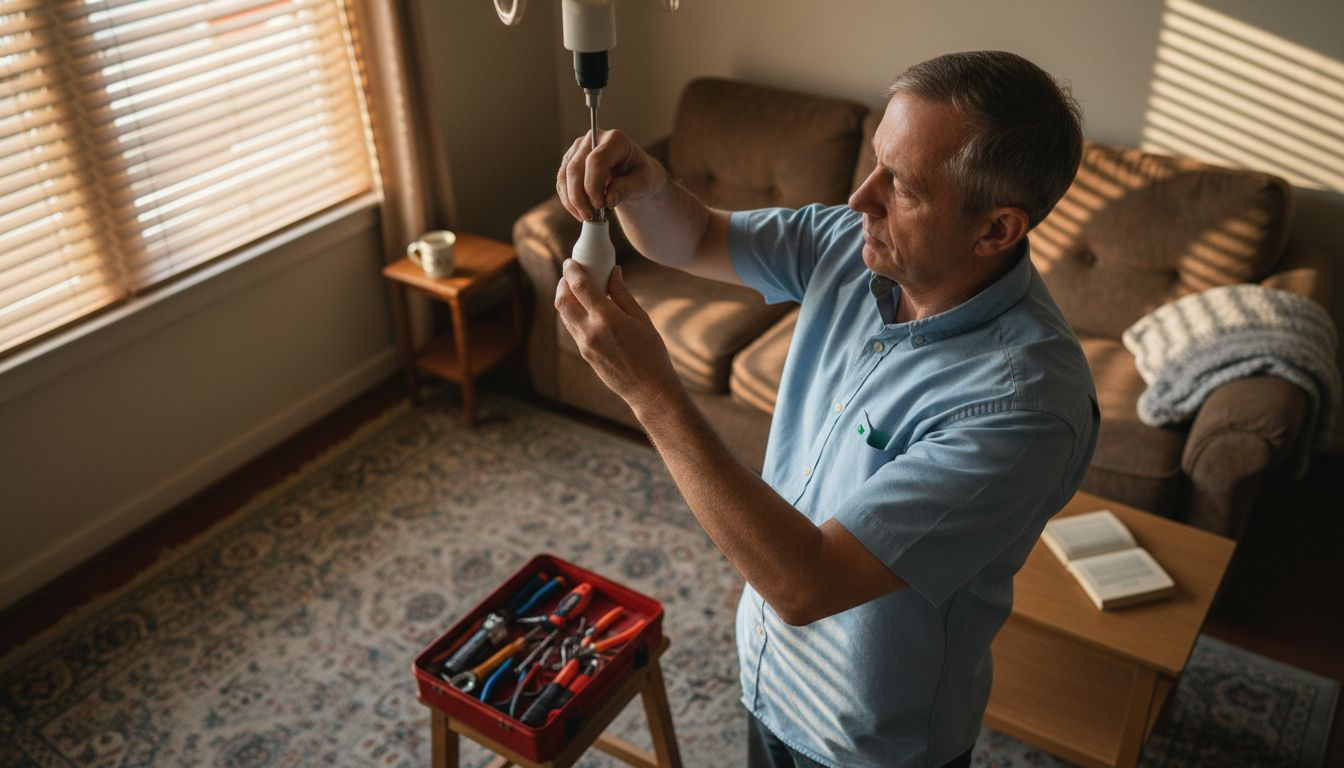 Person installing smart bulb in living room