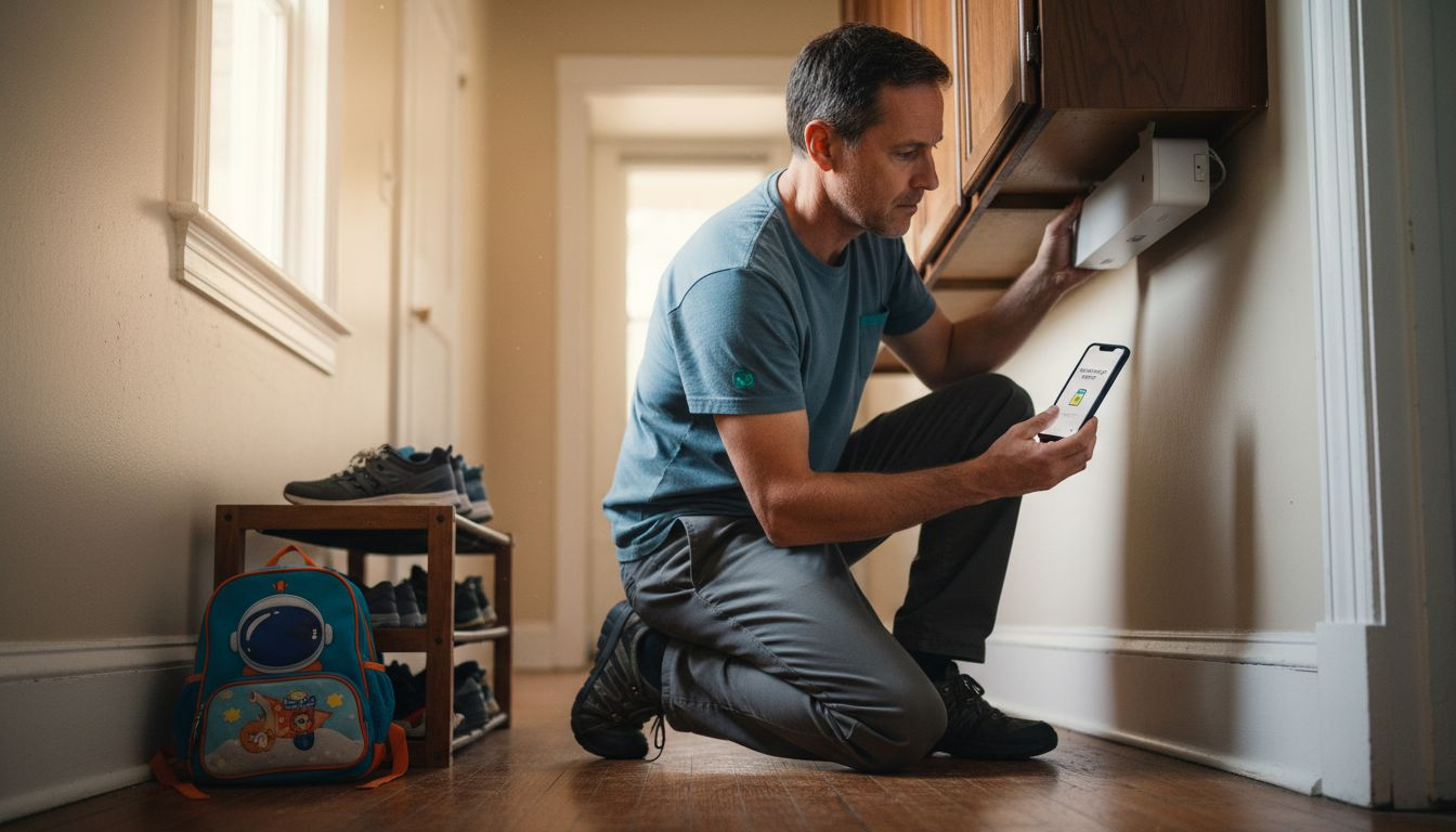 Man installing wireless smart light near cabinet