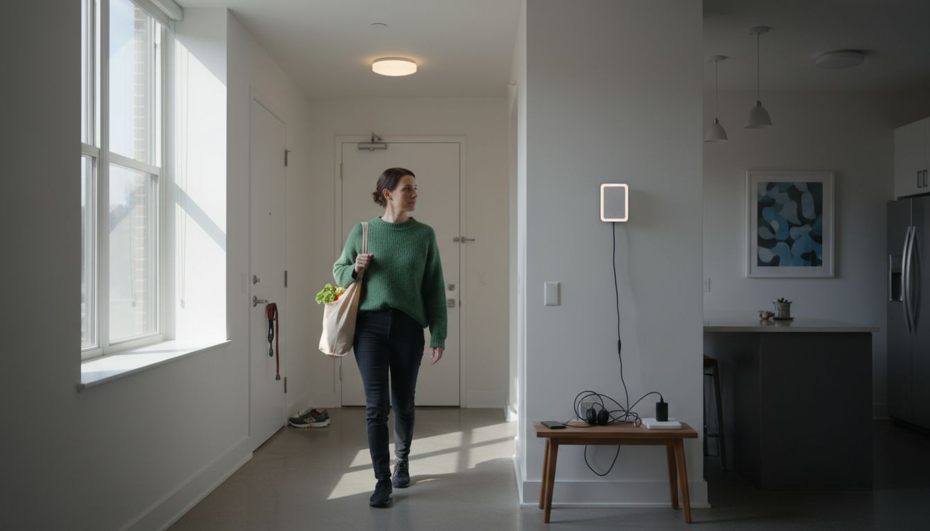Motion sensor lights activate in apartment hallway