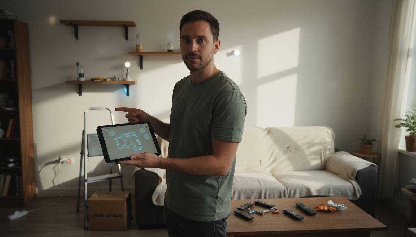 Man planning smart light installation in living room