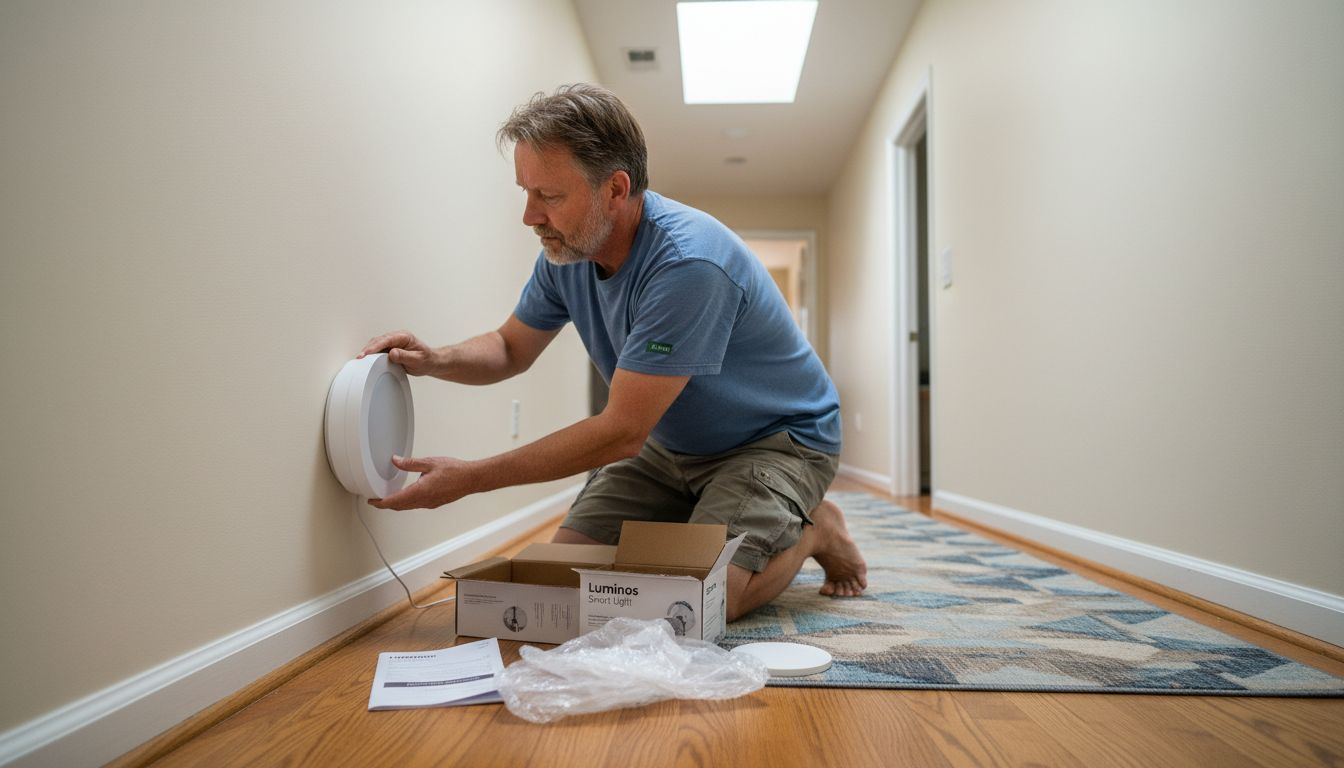 Man installing wireless smart light on hallway wall