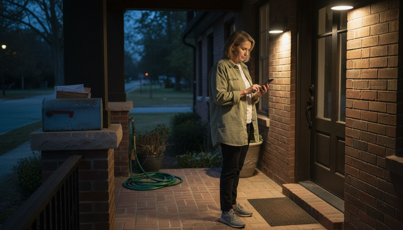 Smart security lights on evening front porch