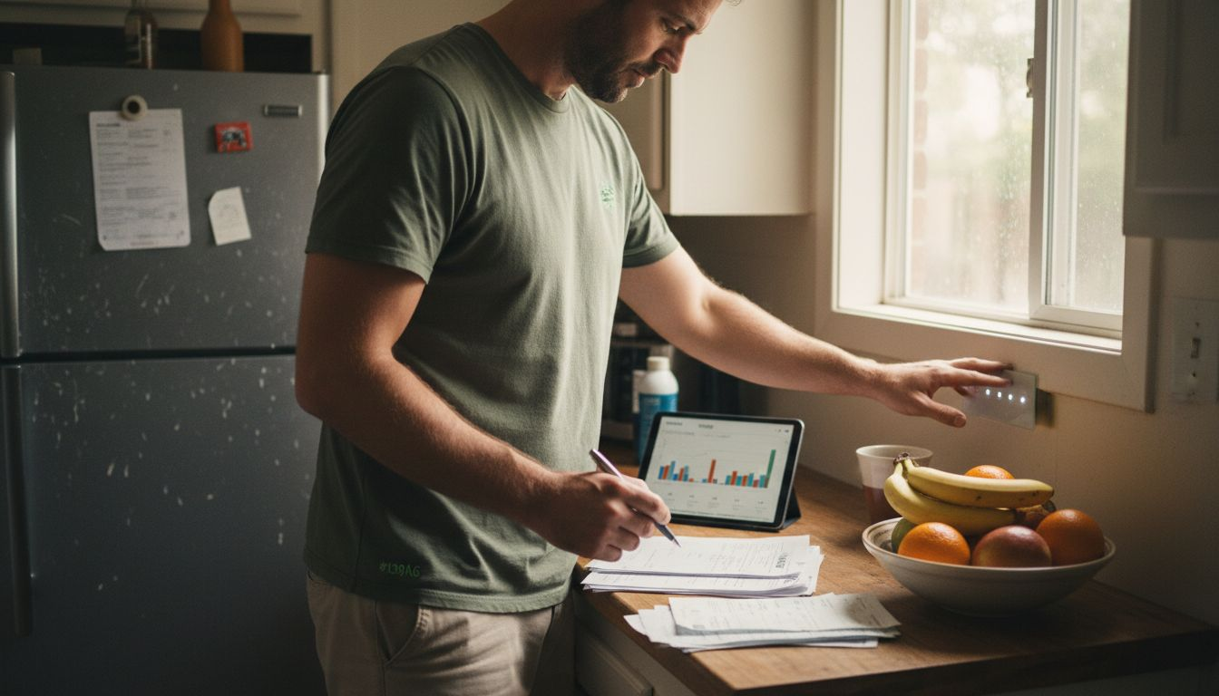 Man checking energy savings from smart lights
