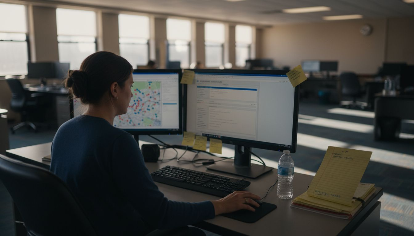Analyst searching records on multiple monitors