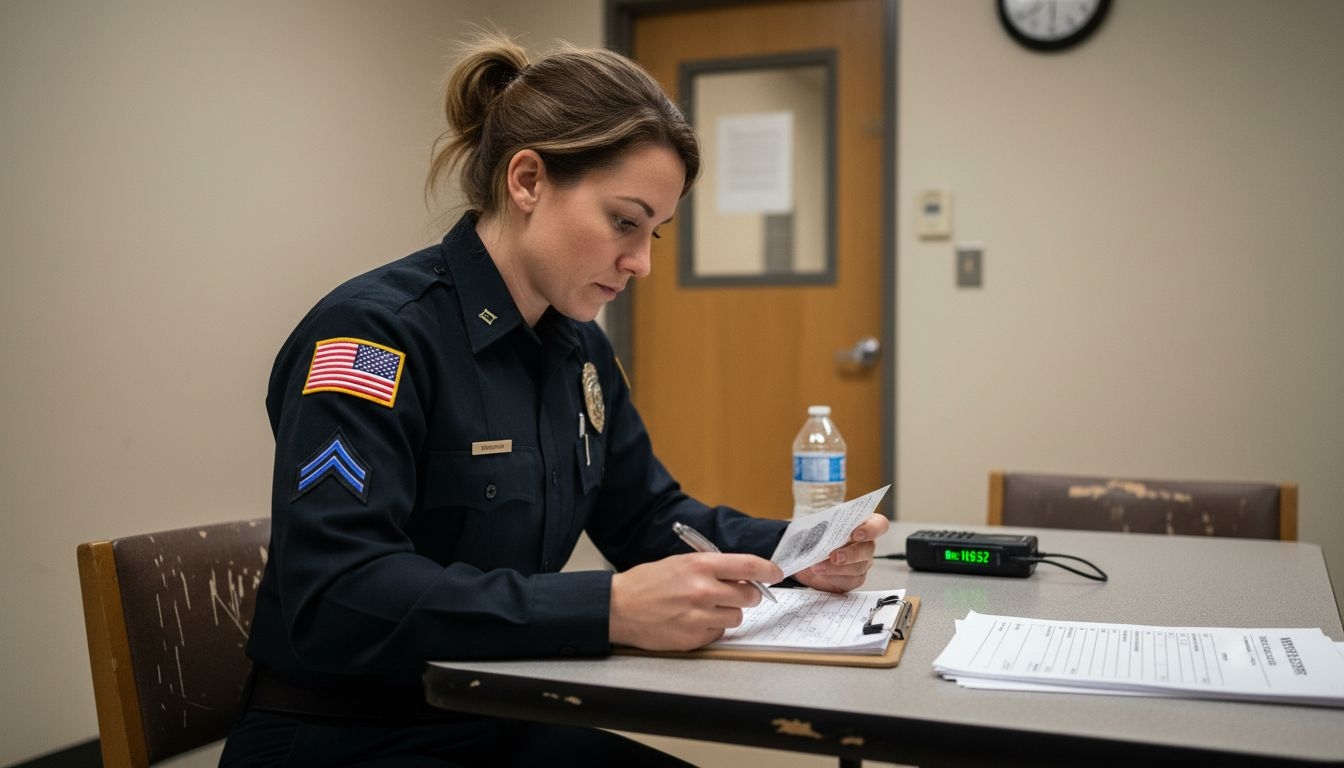 Officer checks fingerprint card and notes