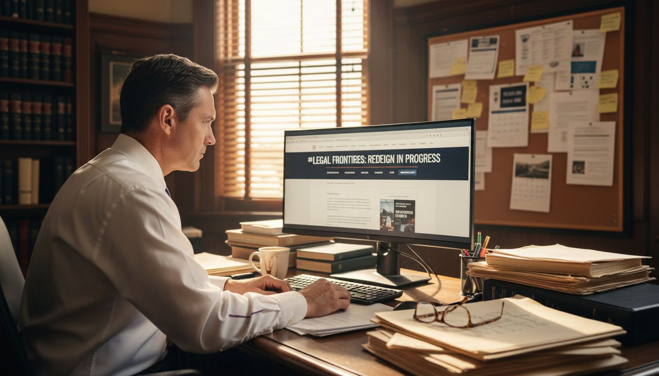 Lawyer updating law firm website at desk