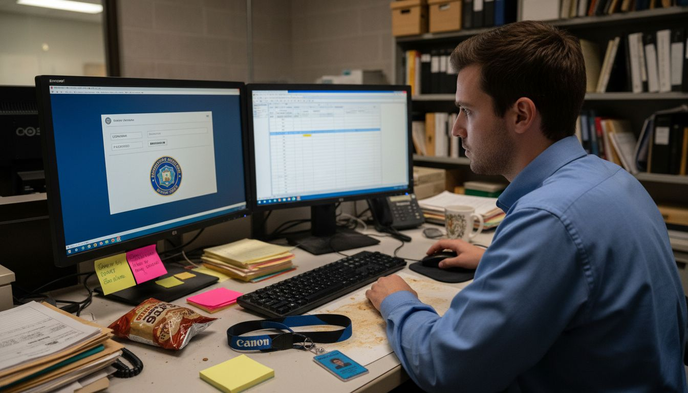 Specialist at workstation processing AI background checks