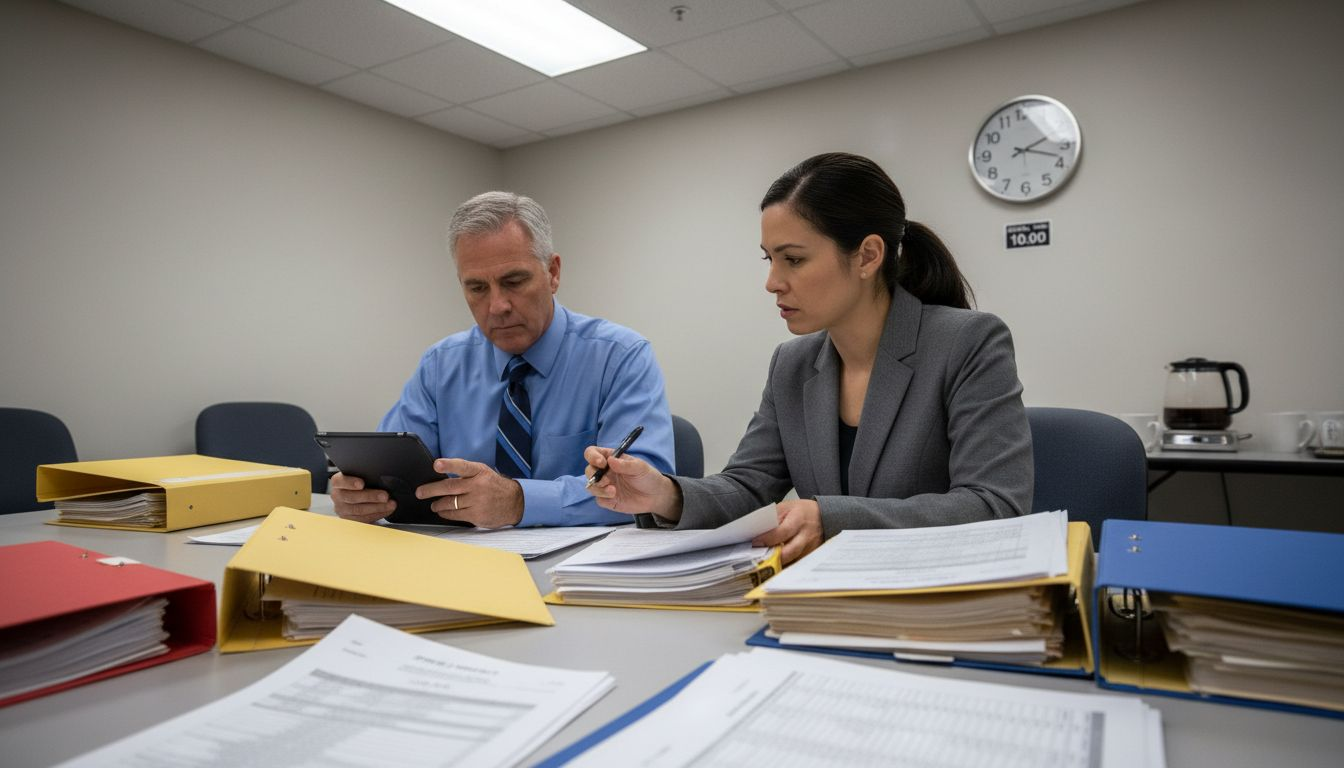 Supervisors reviewing risk reports in briefing room