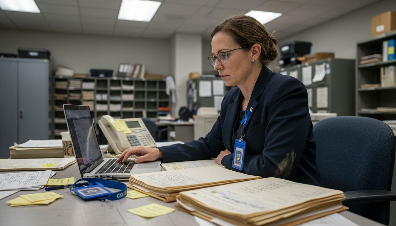 Investigator entering data at police records desk