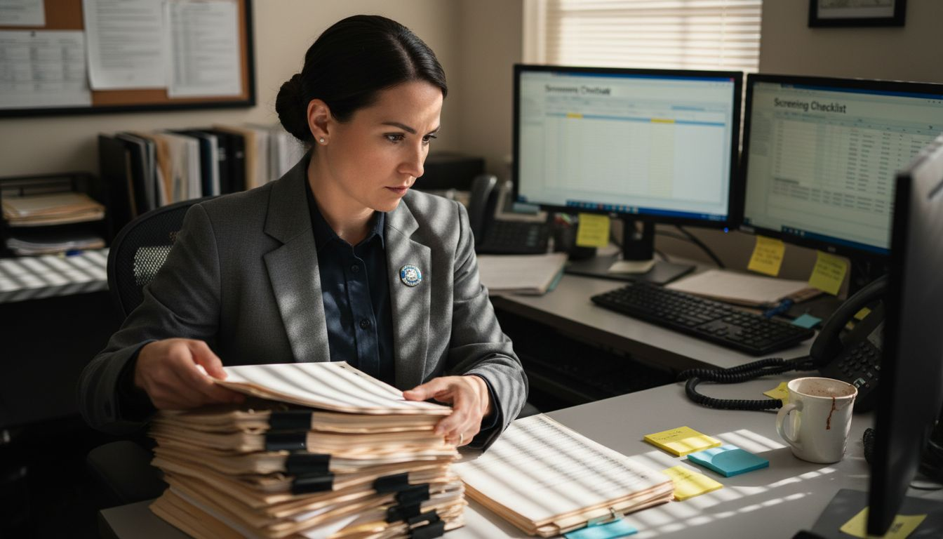 Investigator reviews hiring files at her desk