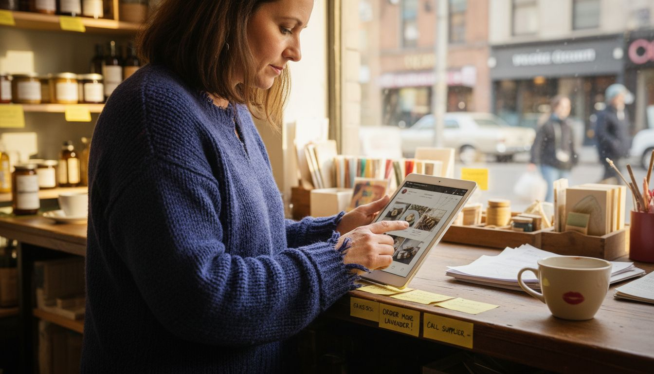 Shop manager posting digital ads at counter