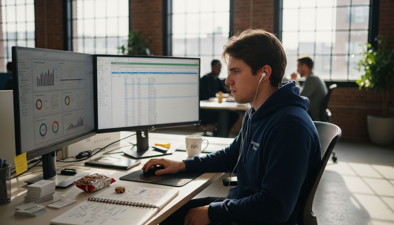 Marketer analyzing digital growth data at desk