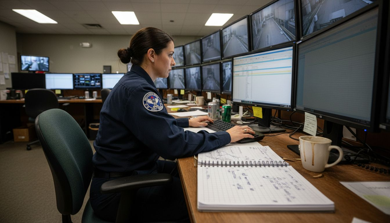 Public safety analyst monitoring control room screens