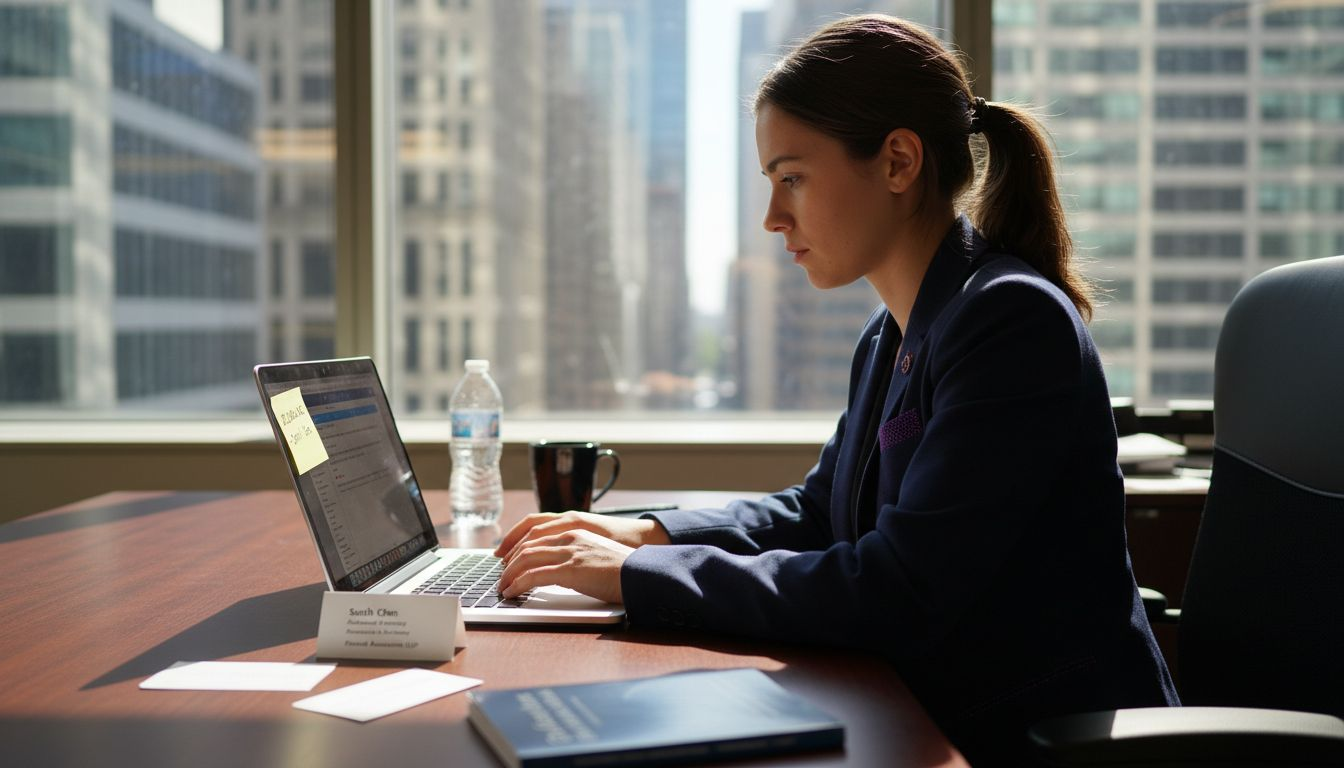 Associate lawyer emailing at city office desk