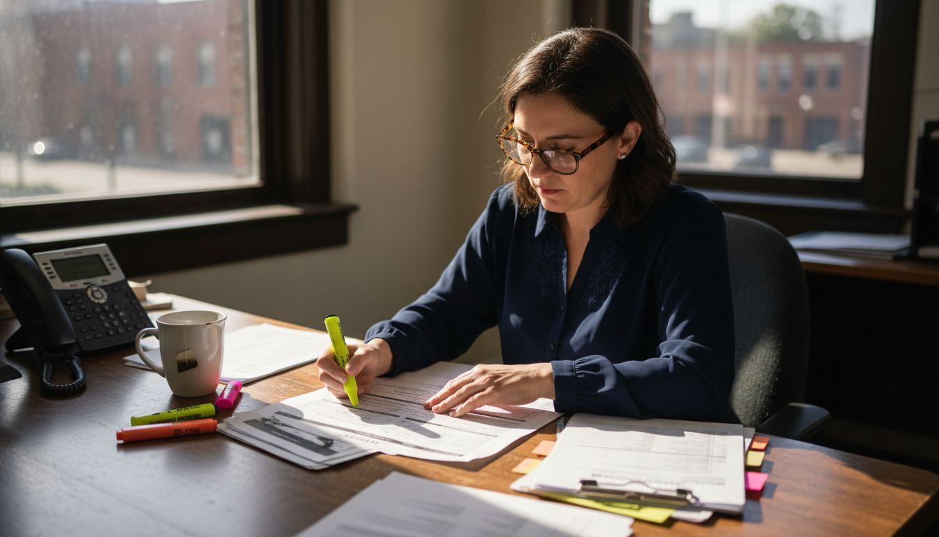 Investigator reviewing criminal record in office