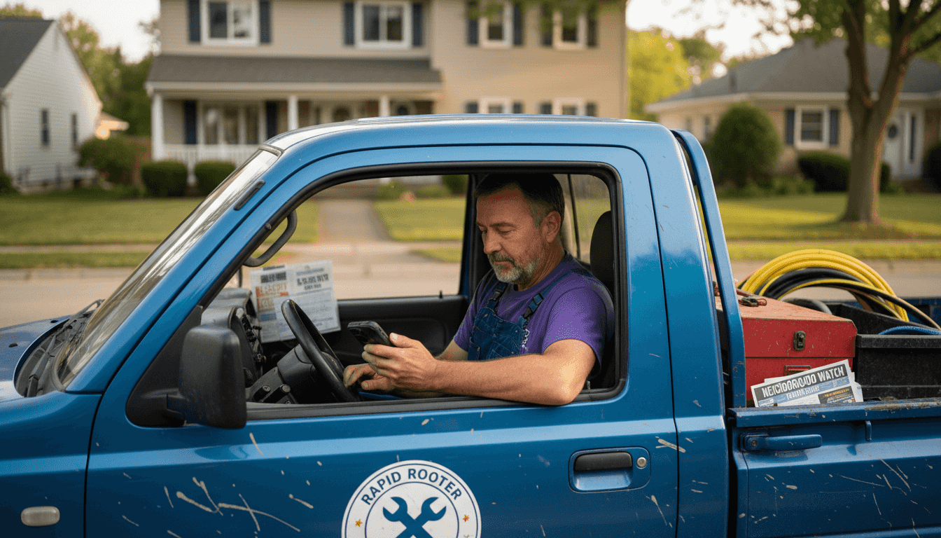 Local business truck parked on neighborhood street