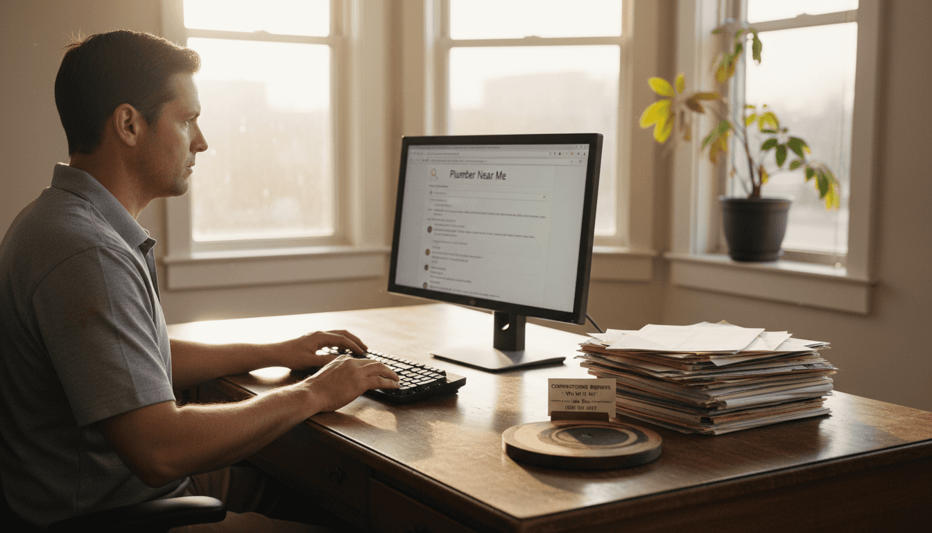 Service business owner uses SEO at desk