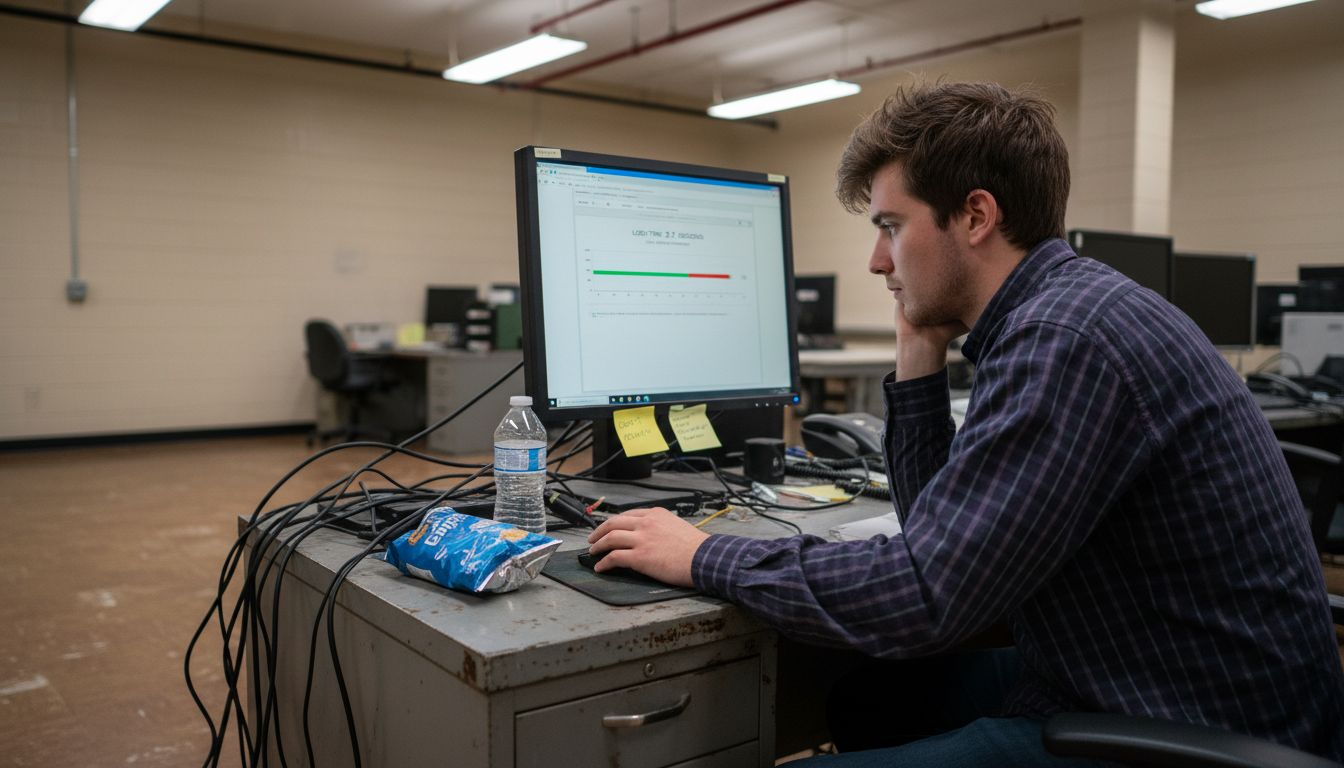 Technician checks website speed on cluttered desk