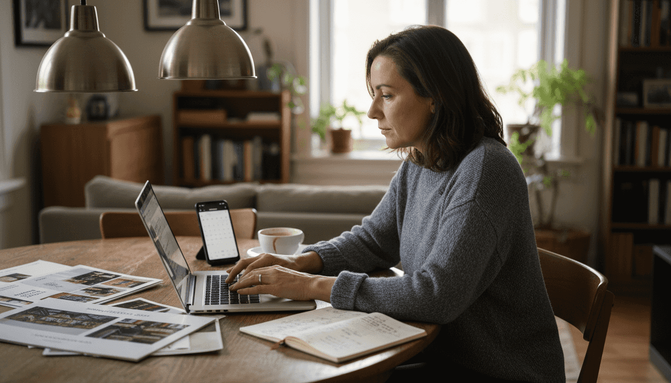 Business owner editing website at home