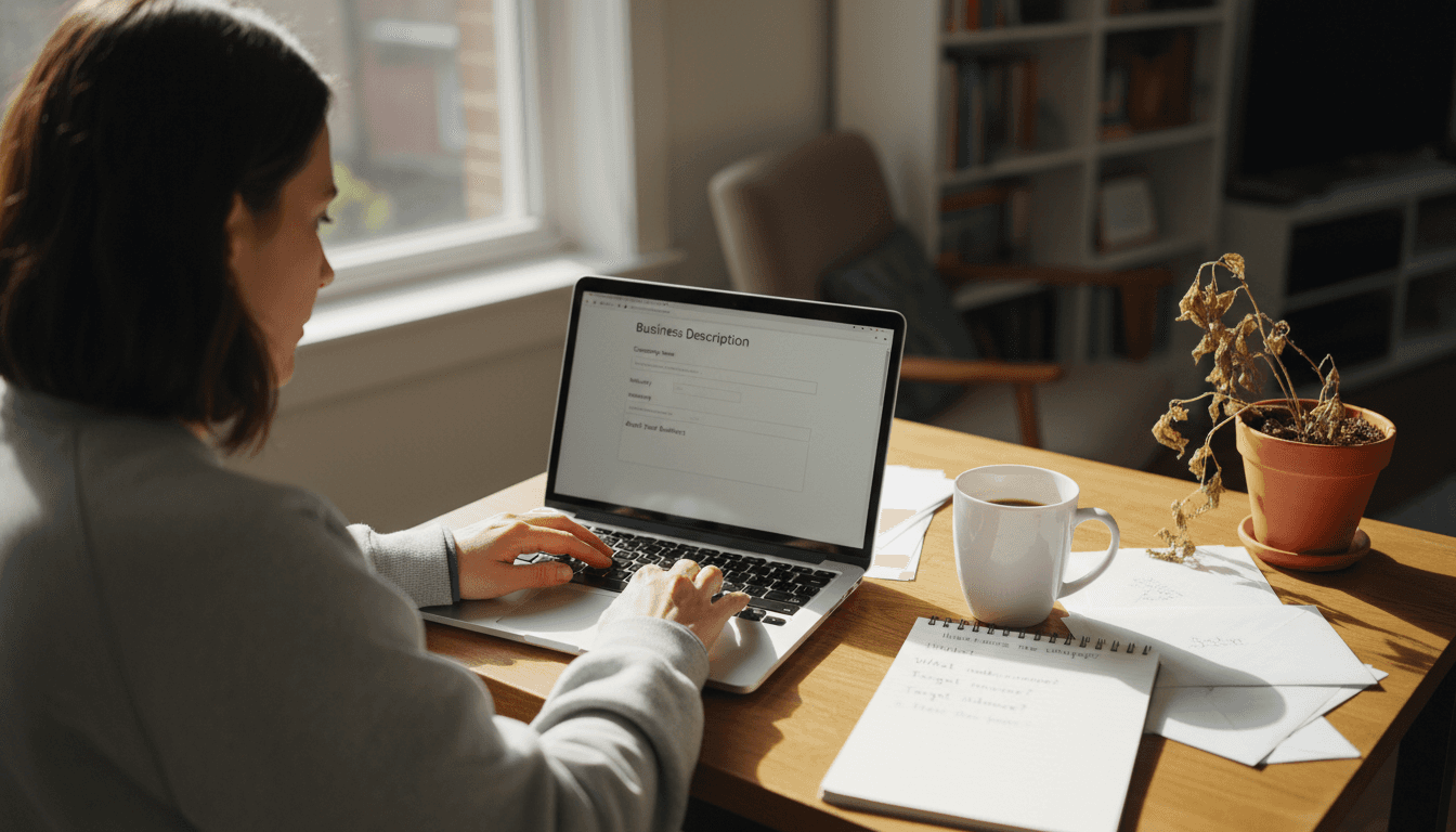 Woman updating business profile on laptop