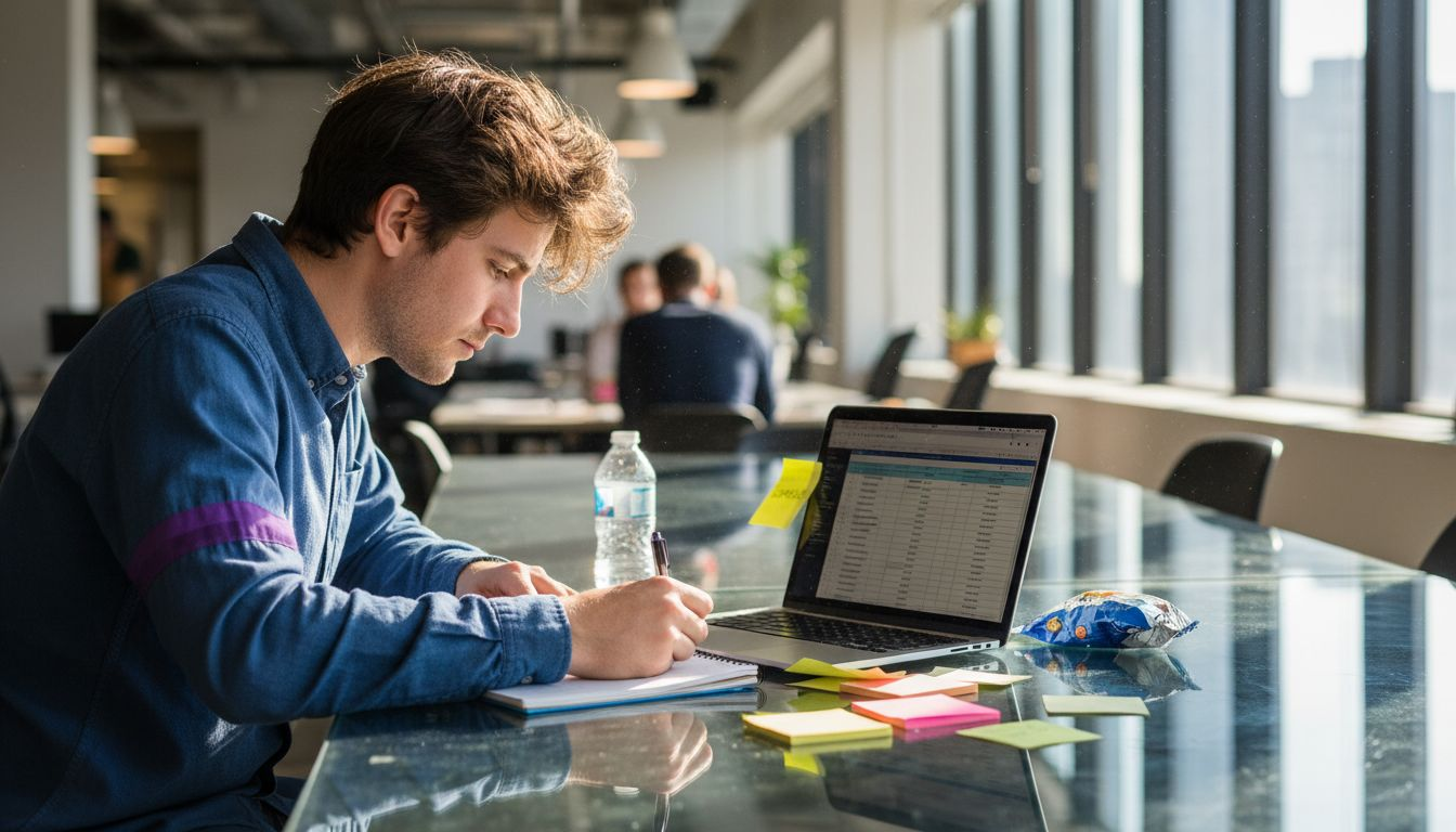 Assistant brainstorming local SEO keywords at coworking table