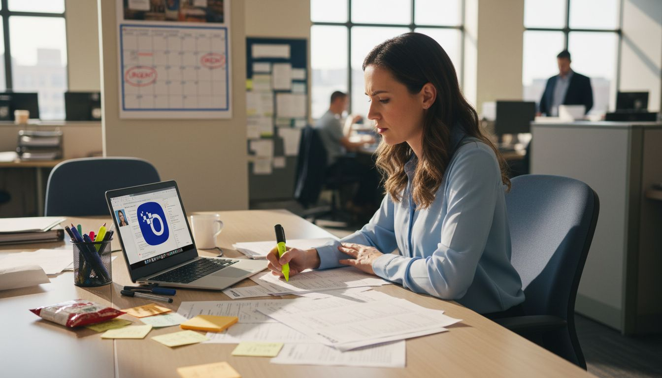 Recruiter screening resumes with AI tools at office table
