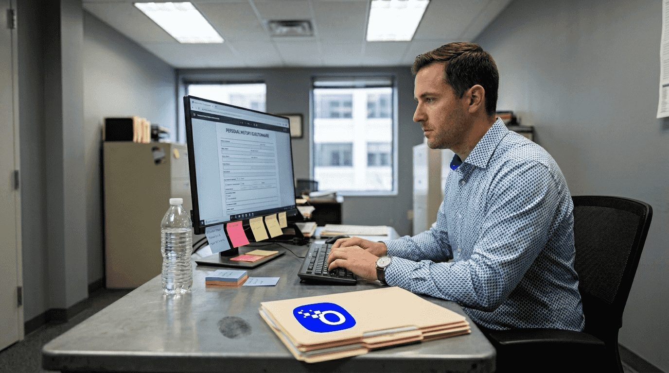 Recruiter entering screening data on computer