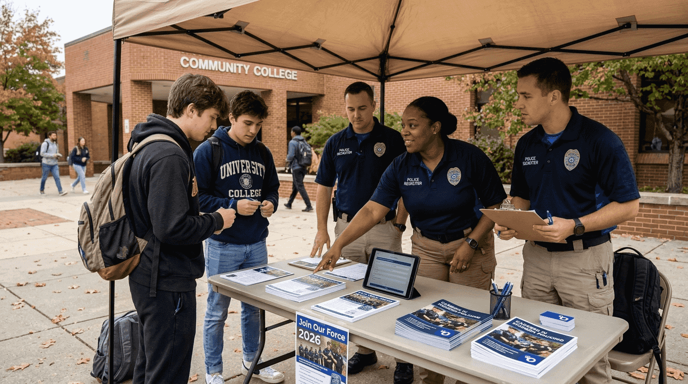 Recruiters talking with diverse police applicants outdoors